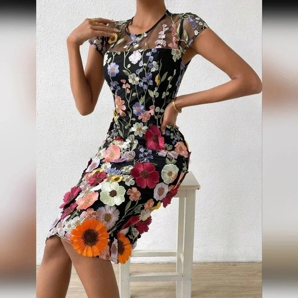 Floral Embroidery Contrast Mesh Dress - Picture 3 of 5